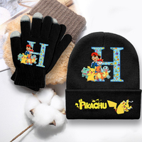 Pokemons Letter A-Z Beanies Gloves Suit for Boy Girl Knitted Mittens Pikachu Anime Kids Winter Warm Hat Cartoon Gloves