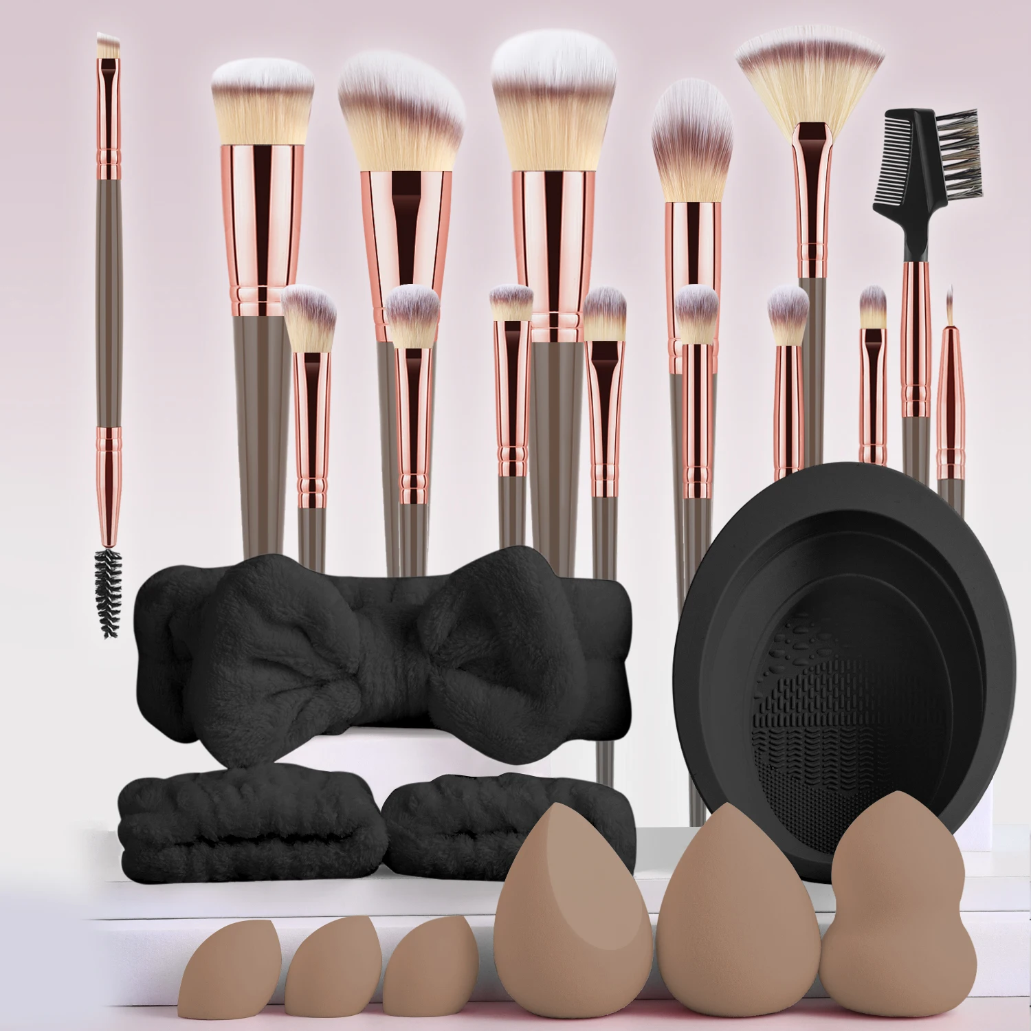 25Pcs Complete Makeup Set 15 Foundation Blush Eyebrow Brushes with Sponges, Bow Hairband & Cleaner Bowl
