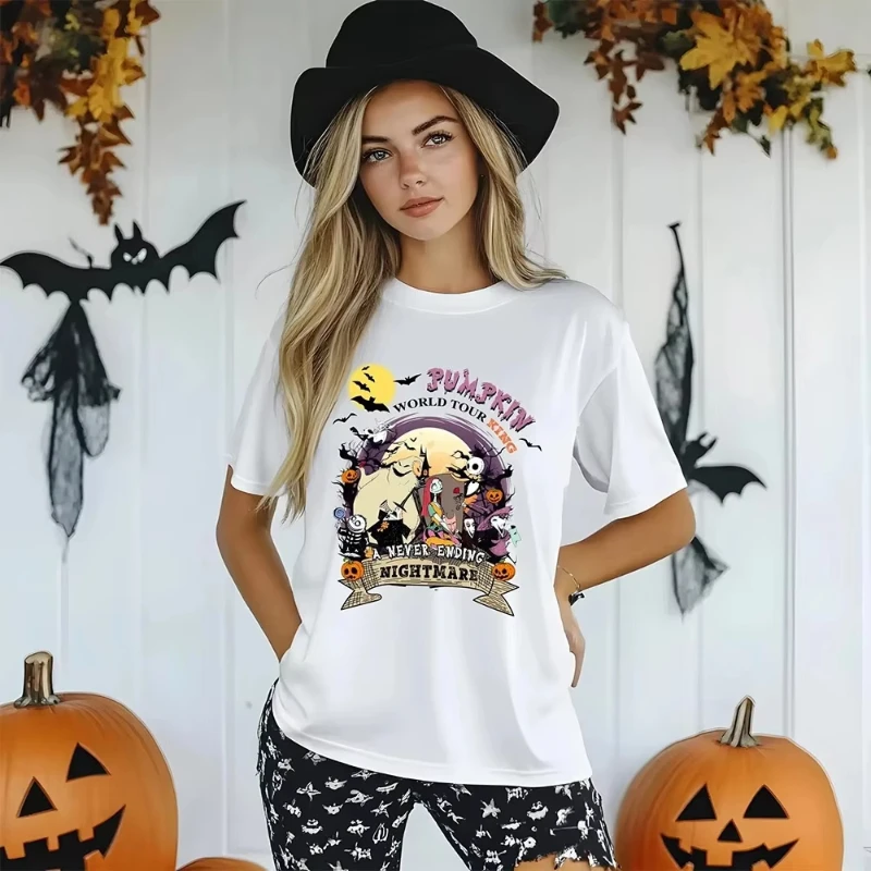 الرجعية الراحة الألوان تي شيرت ديزني الكابوس قبل عيد الميلاد المتضخم Y2k تي شيرت جاك Skellington سالي Oogie Boogie المحملة