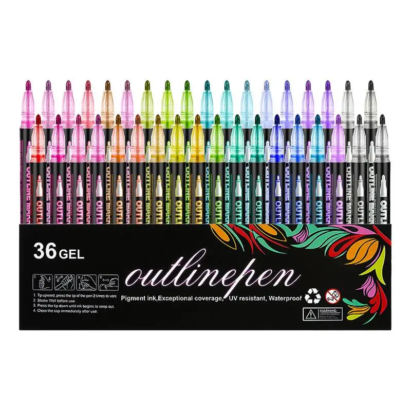 Glitter Outline Markers Shimmer Marker Set Colorful Double Lines Outline Pens Self-Outline Markers For Glitter Doodle Drawing