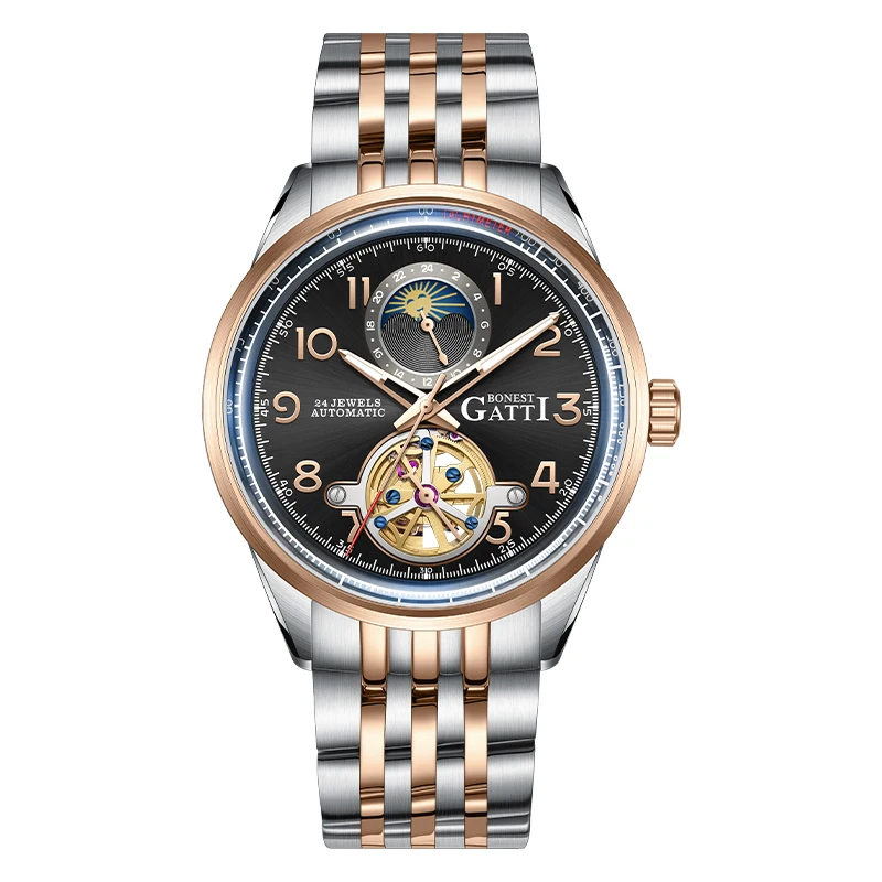 BONEST GATTI Orologio automatico da uomo 42mm Orologio da polso meccanico di lusso 5ATM Zaffiro Quadrante scheletrato luminoso Sole Luna 24 ore