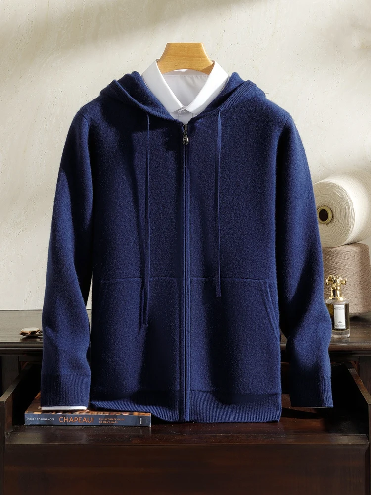 

Autumn Winter New 100% Pure Cashmere Cardigan Sweater Men's Hooded Zipper Pocket Soild Smart Casual Knitted Jackets High Quality