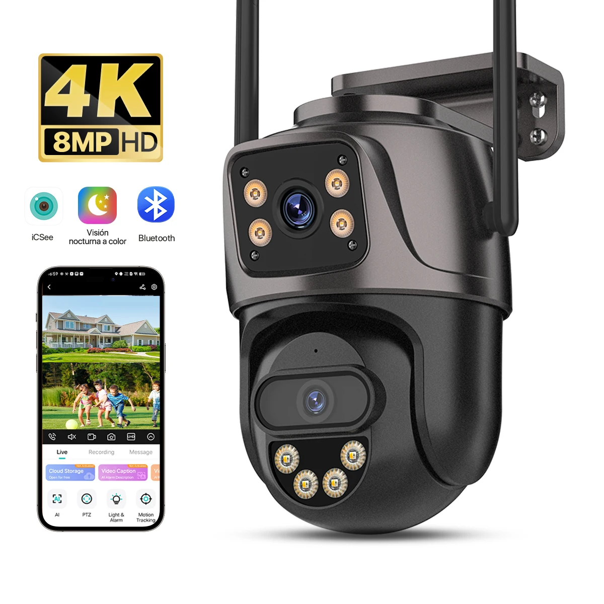 WONSDAR Cámara de seguridad WiFi 4K 8MP, cámara PTZ de doble lente, detección humana, audio bidireccional, visión nocturna, aplicación ICsee