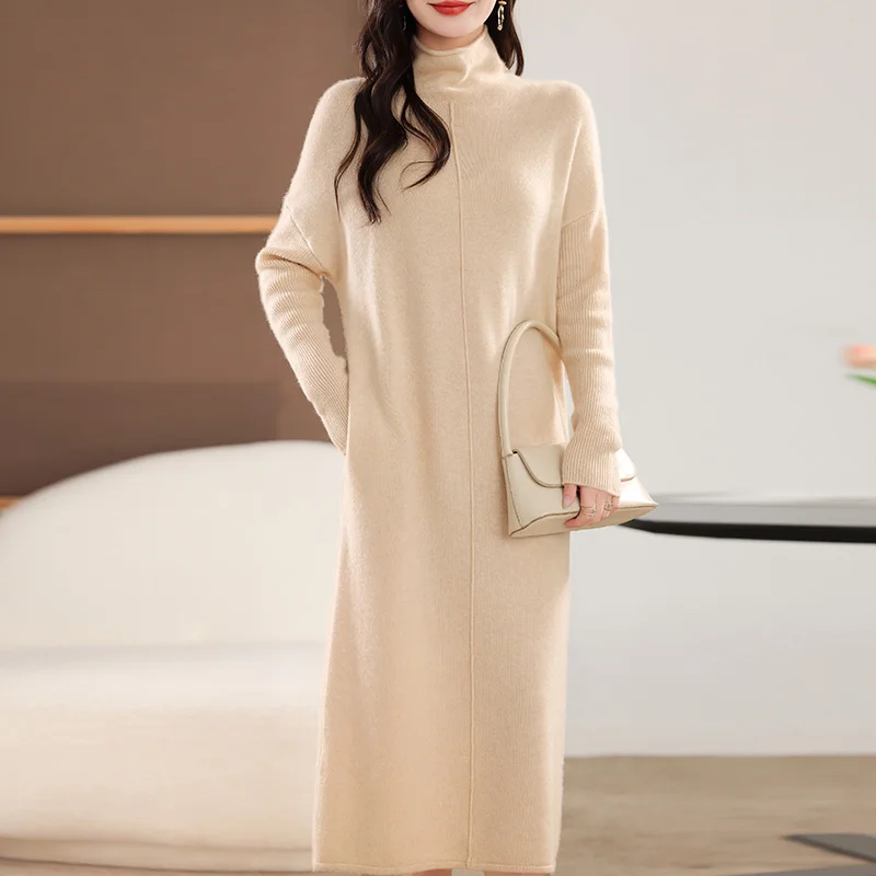 

High Neck Loose-Fit Elegant Dress 100% Merino Wool Simple Casual Sweater Maxi Dress Women Autumn Winter Soft Cashmere Knitwear