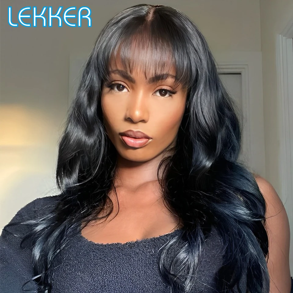 

Lekker Ready Wear Natural Black Wavy Human Hair Lace Wig With Curtain Bangs For Women Brazilian Remy Hair Glueless Body Wave Wig