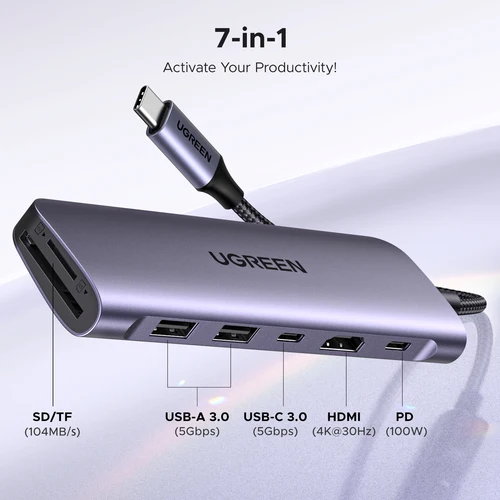 Imagen 2 del producto UGREEN USB C HUB 7 en 1 Dock 4K HDMI 100W PD USB-C y 2 puertos de datos USB-A de 5Gbps lector de tarjetas SD/TF para ordenador portátil MacBook Pro/Air Dell