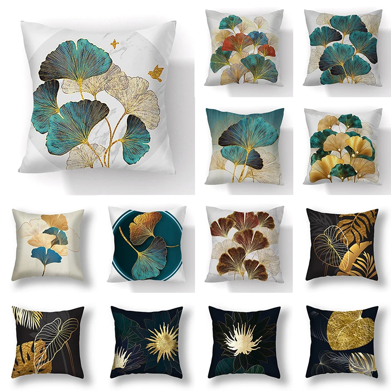 45x45cm gingko leaf polyester cushion cover black gold  waist pillowcase living room chair sofa home decoration