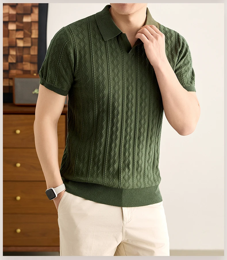 Luxuriöses, gestricktes 100% Baumwoll-Poloshirt für Herren, kurzärmelig, neu, Jacquard, weich, atmungsaktiv, modisch, hochwertig, einfarbig, lässiges T-Shirt. – Detail 8