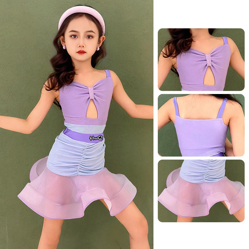 Lila Tanzanzug für lateinamerikanische Performance-Mädchen, Sommer, ärmelloses Oberteil, Rüschenröcke, Rumba, Tango, Trainingskleidung, lateinamerikanisches Kleid 2061