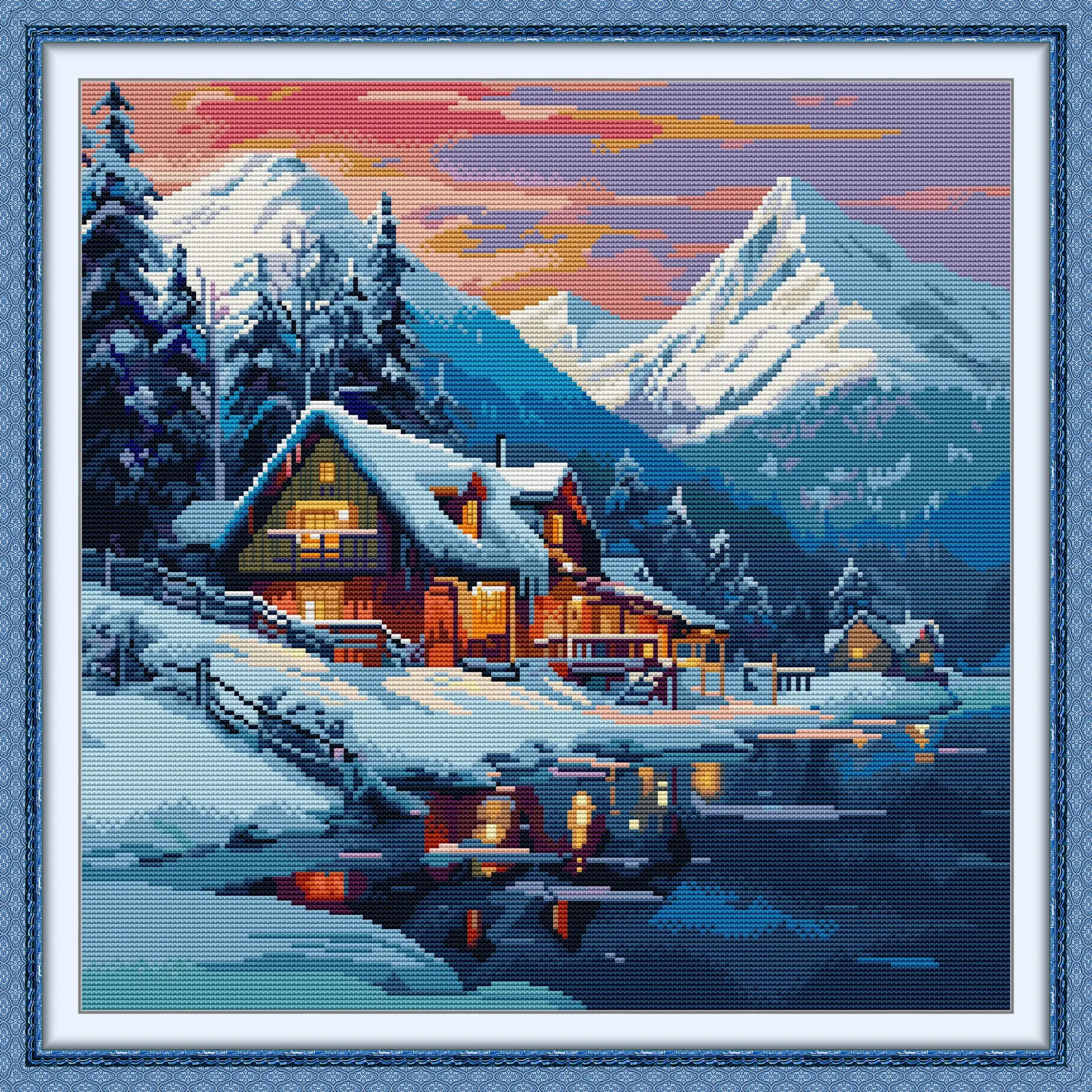 

Maydear Full Cross Stitch Kit, 11CT/14CT/16CT/9CT Aida Fabric,DMC Threads Sewing Pattern Embroidery Set-Winter Snow Country