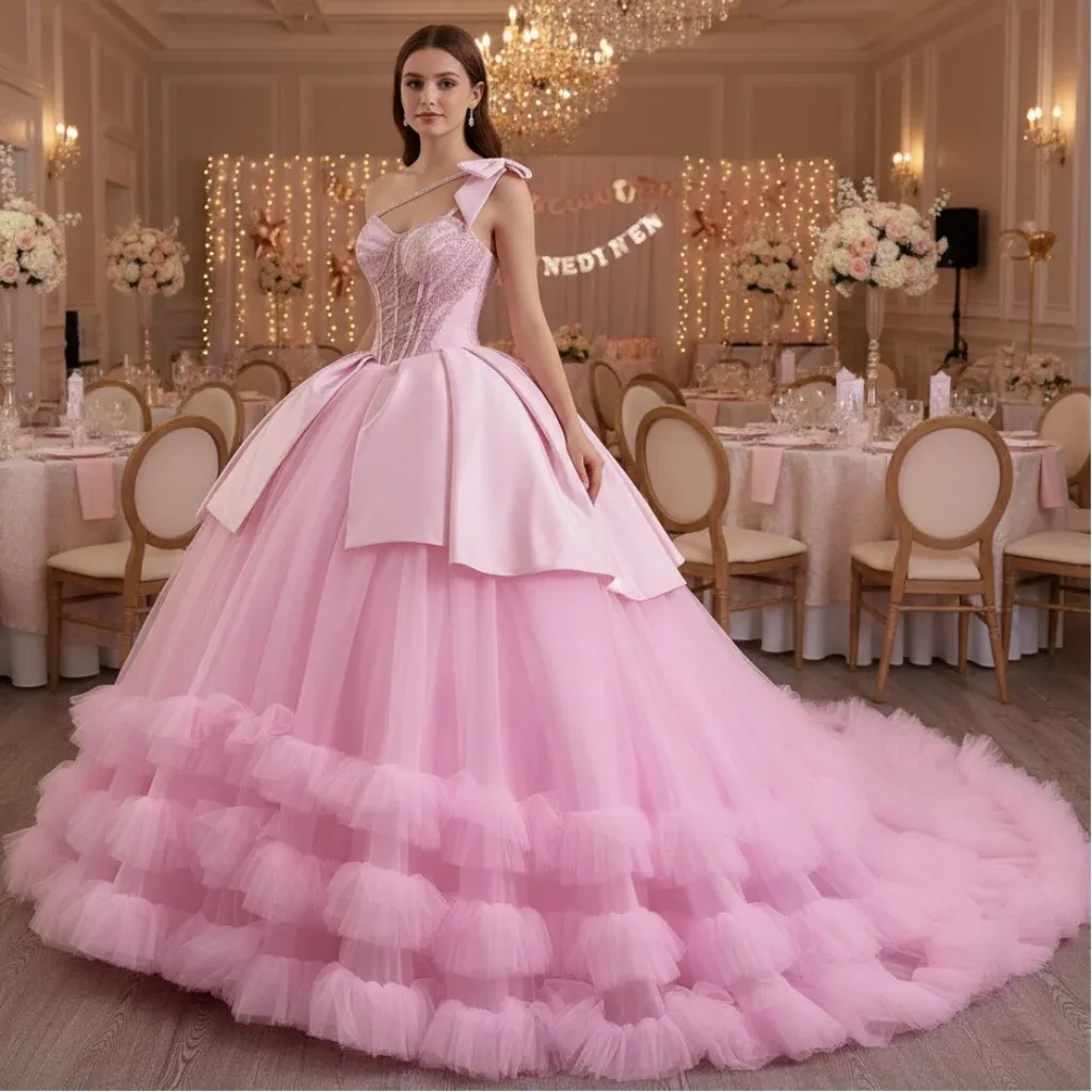 

Rosymae Elegant Pink One-Shoulder Asymmetrical Neckline Quinceanera Dress Intricately Detailed Full Puffy Skirt Lace-Up Closure
