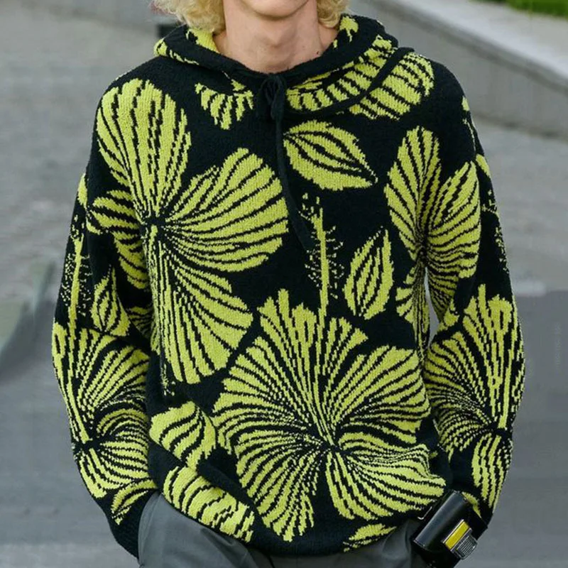 

Men's European and American loose fitting pullover sweater spring and autumn fashionable jacquard hooded thick needle sweater