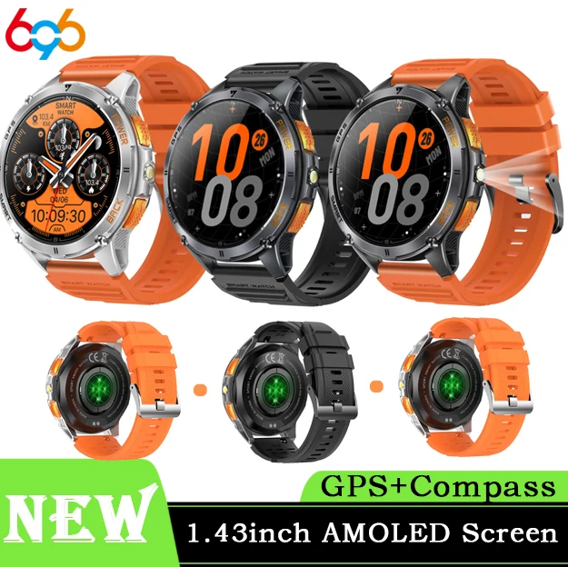 

2025 GPS Sports Smart Watch AMOLED Screen IP68 Waterproof LED Flashlight Compass Outdoor Men Watches Health Smartwatch 530Mah