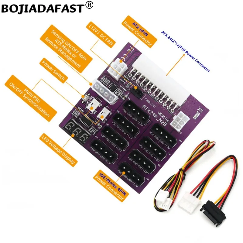 Computer Power Supply ATX 24Pin Female To 8 * IDE Molex 4Pin & 2 x PCIe 6Pin Connector Breakout Board With Synchronization Cable