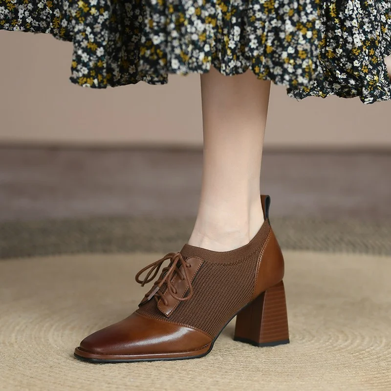 2022 Spring and Autumn Fashion High-heeled Shoes Women Thick Heel Stitching Knitted British Style Square Toe Women\'s Shoes