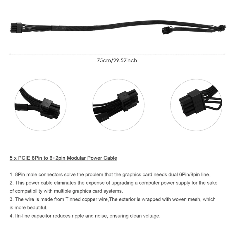 Pcie 8Pin To 2 Ports 6+2Pin Modular Power Supply Cable For Corsair RM1000X RM550X 650X 750X 850X Modular Power, 5 Pack