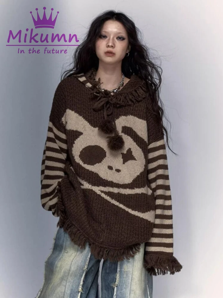 Mikumn Gothic Sweater Y2k Punk Skull Rabbit Print Hooded Loose Knitted Jumper Women Autumn Winter Streetwear Harajuku Pullover