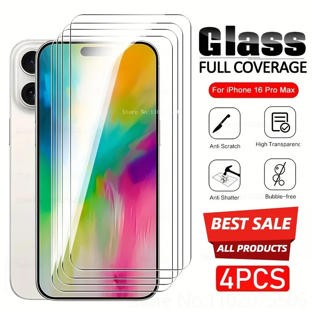 

4Pack Ultra HD Full Coverage Tempered Glass for IPhone 15 16 Pro Max 17 Pro Max Screen Protector Film 15 Pro 16Plus 17 Air Glass