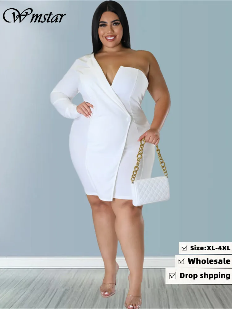 Wmstar Plus Size sukienki damskie 2022 pojedynczy długi rękaw V Neck jednolita seksowna Mini garsonka sukienek hurtowych Dropshipping