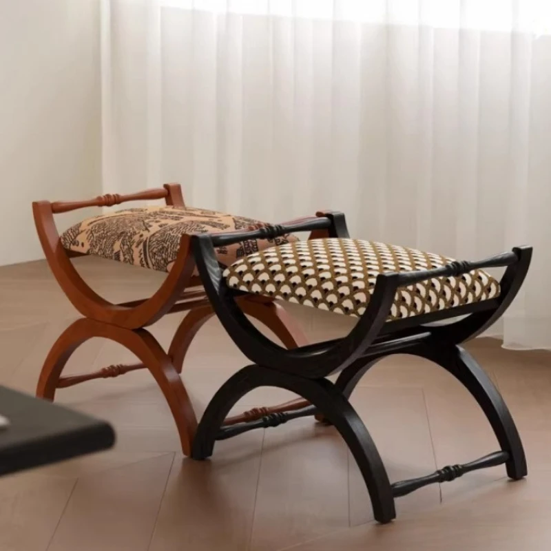 Entryway Fabric Shoe-changing French-style High-end Dining Chairs, Home Living Room and Stools  Luxury Double Arch Design