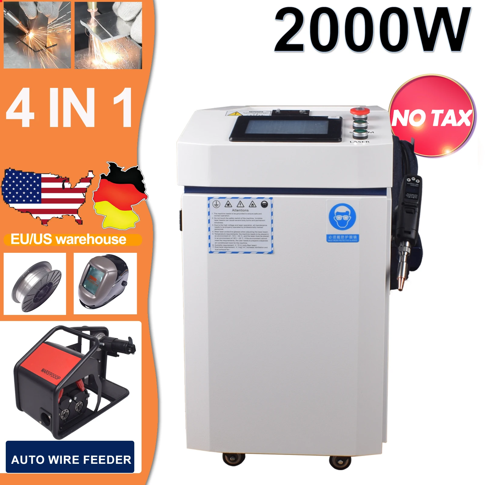 Máquina de Soldadura Láser 4 en 1 de 2000W con Enfriador de Agua para Soldadura, Limpieza y Corte de Metal, Pistola SUP 4 en 1