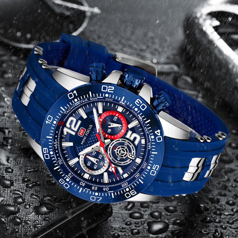 MINI FOCUS Men's Quartz Watches Waterproof Chronograph Silicone Wristwatch Reloj 0290G