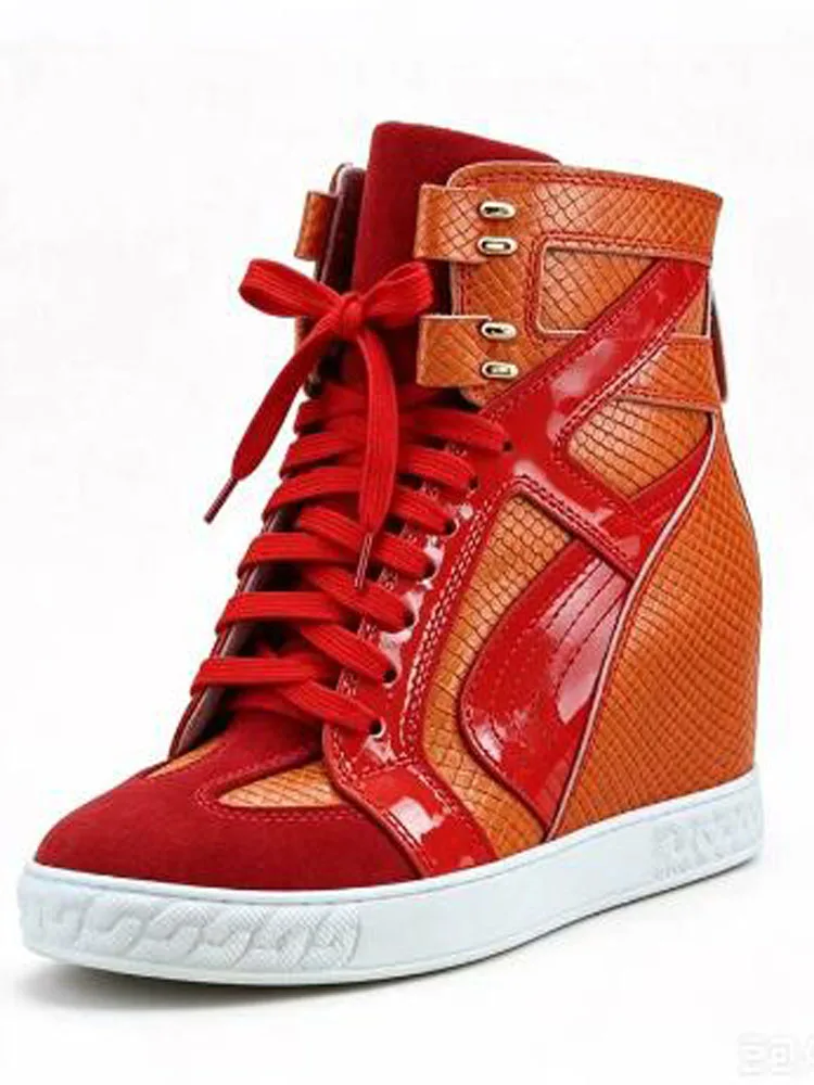 Two-Tone Snake Print Wedge High Top Sneakers Women Genuine Leather Lace Up Hidden Wedge Ankle Boots Platform Casual Shoes Lady