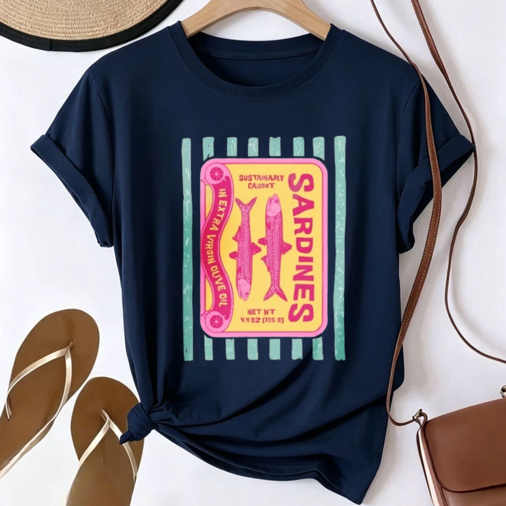 Vintage Colorful Sardine Can Label Graphic T-shirt Men Women Retro Canned Fish Art Tee Ocean Seafood Lover Aesthetic Casual Tops
