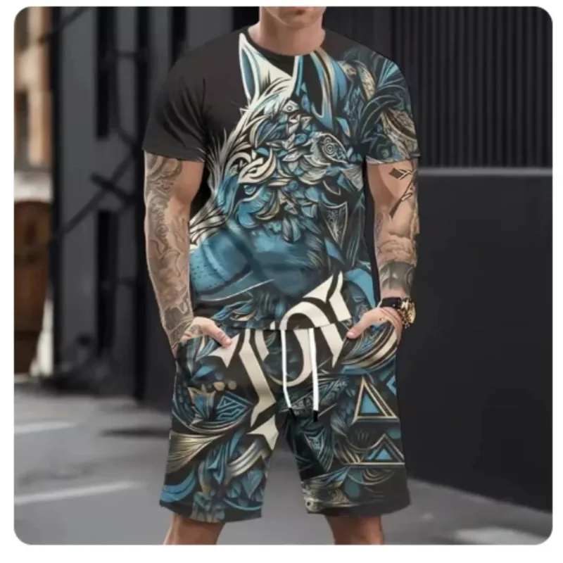 2025 Men's Casual 3D Printed Wolf Print Sports Suit Hot Selling Refreshing Style Summer Casual Breathable Ultra Loose