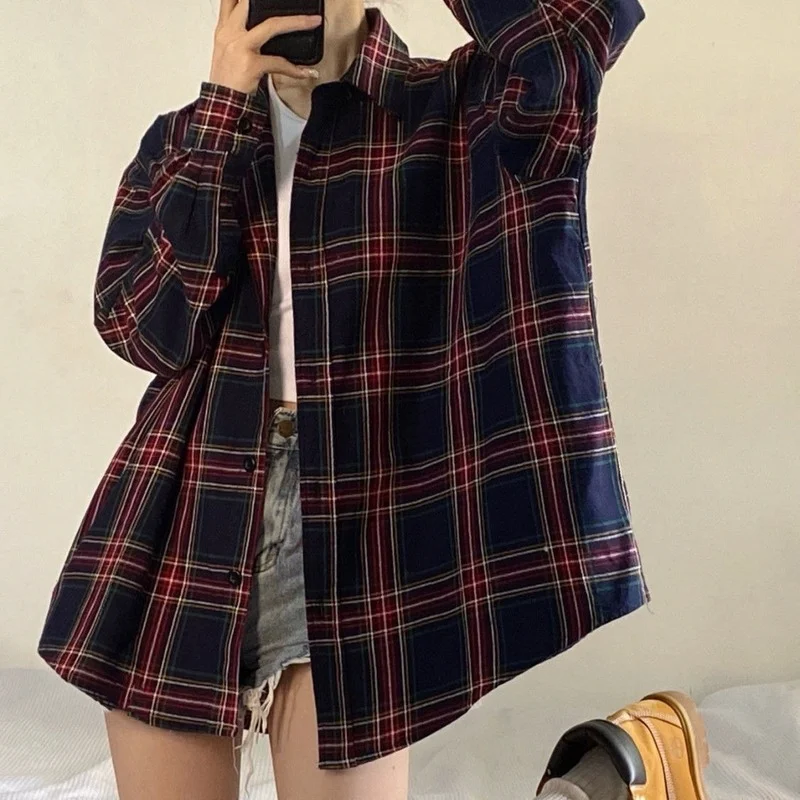 Shirts Women Plaid Long Sleeve Chic Loose Spring Casual Sun-proof BF Retro Harajuku Daily Streetwear College Simple All-match