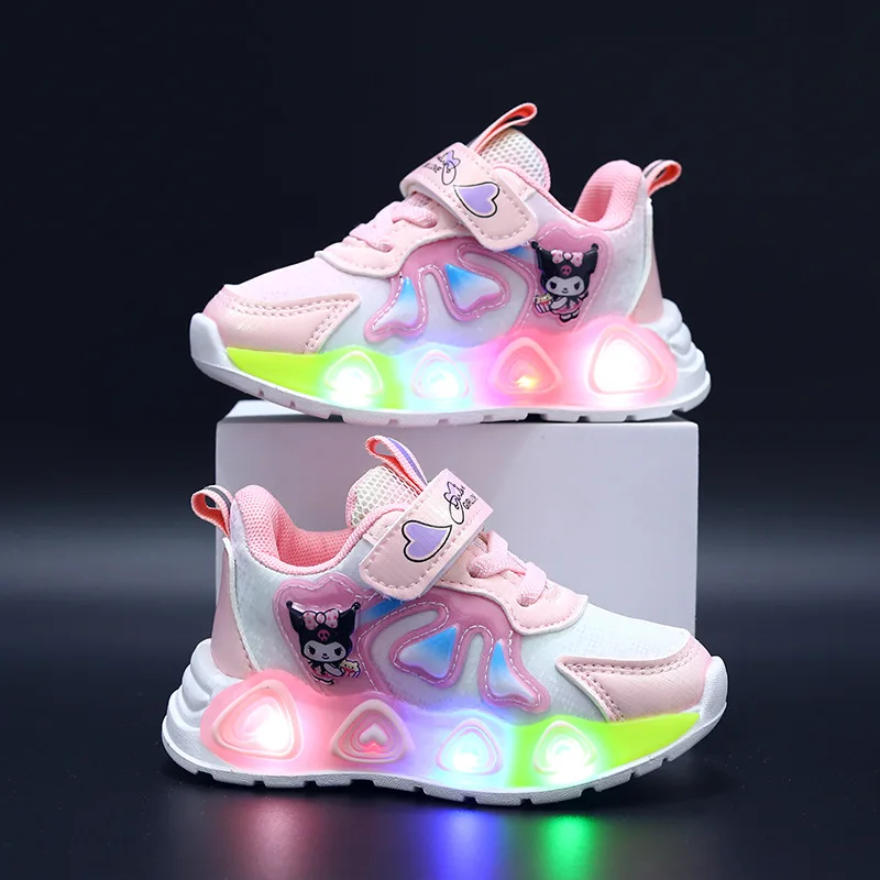 Kuromi Spring Autumn LED Lights Mesh Breathable and Luminous Casual Sports Shoes Childrens Soft Sole Outdoor Sneakers