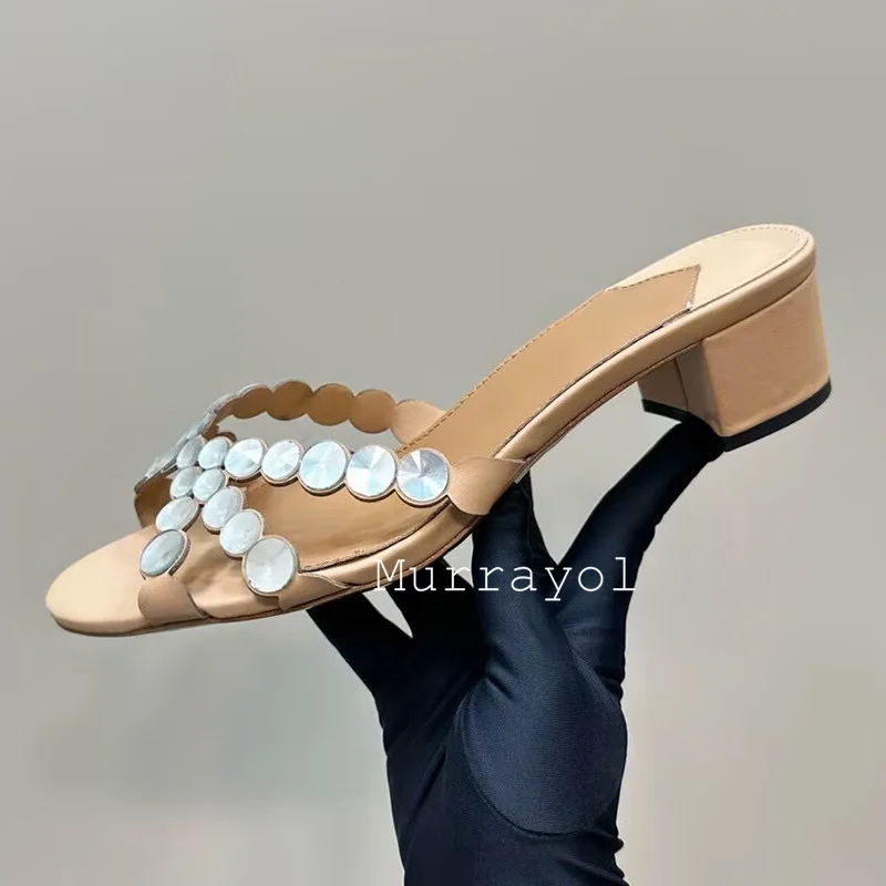 Rhinestone Decor Square Heels Slippers Women Open Toe Thin Band Cross Sandals Summer Sandy Beach Vacation Shoes Dress Shoes