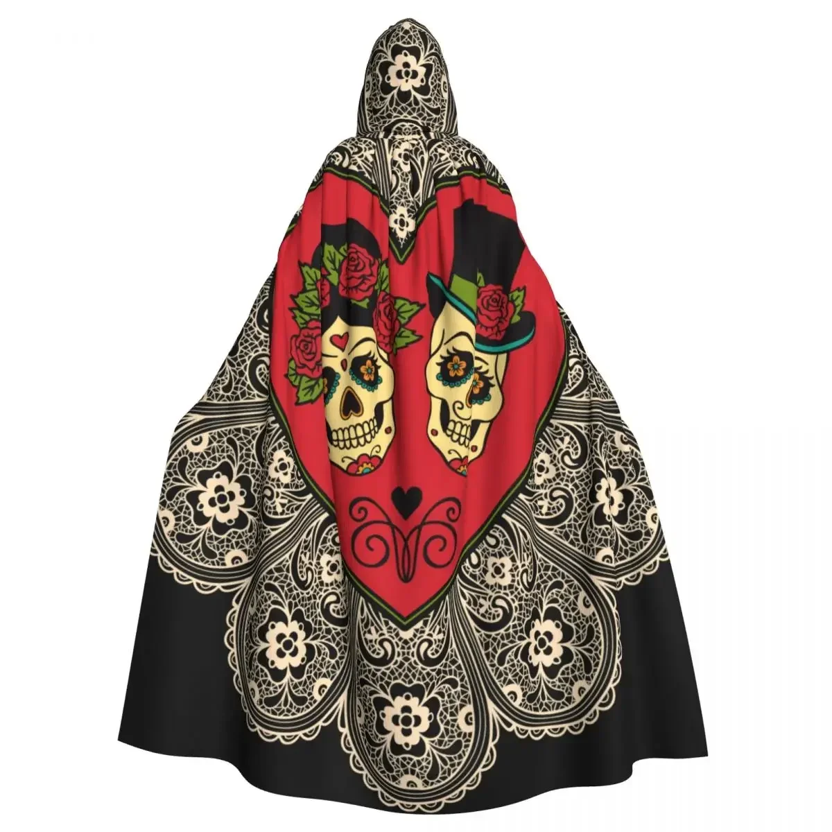 

Mexican Sugar Skulls with Heart and Lace Hooded Cape Polyester Unisex Witch Cape Costume Accessory Unisex Fashion Halloween Cape