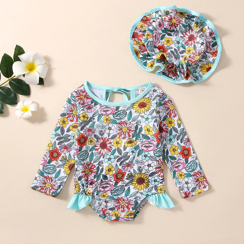 

Toddler Baby Girl Long Sleeve Zip Up Floral Swimsuit Bathing Suit With Hat Summer Sun Protection Rash Guard Sunsuit