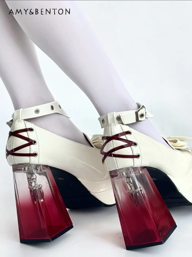 Original Subculture Gradient Thick-Soled Waterproof Platform Hot Girl Round-Toe Chunky Heel Mary Jane Shoes Bow PU Single Shoes