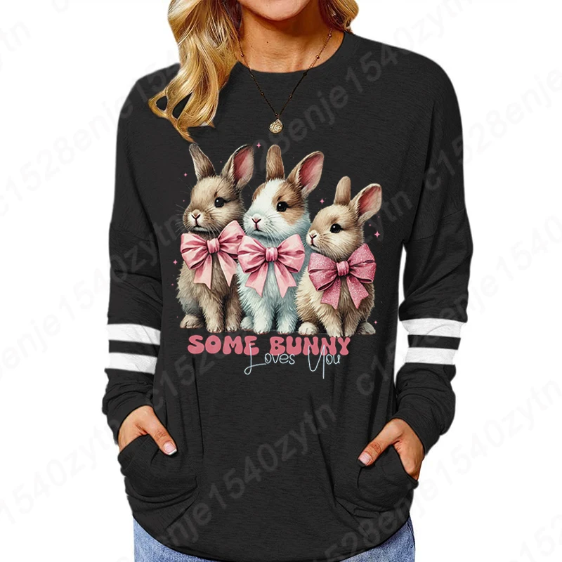 Some Bunny Loves You Print Womens Easter Shirt Happy Easter Day Gift Bunny Bows Classic Tops Easter Vibes Long-sleeved T-shirt