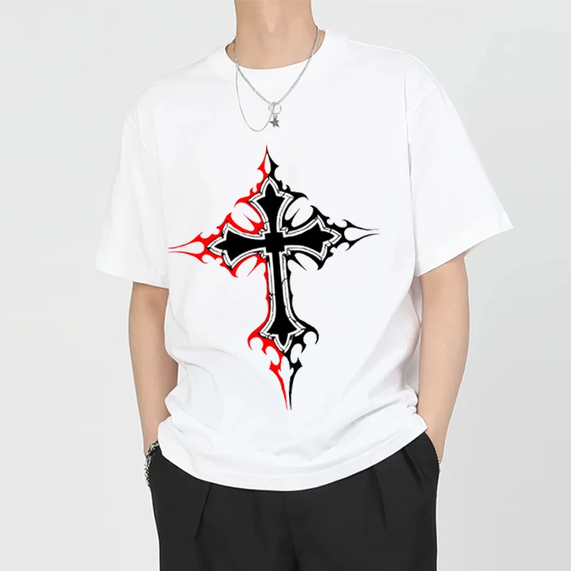 

2025 T-shirt Cross Pattern Hip Hop Dark American Gothic Fashion Punk Style Unisex Loose T-shirt
