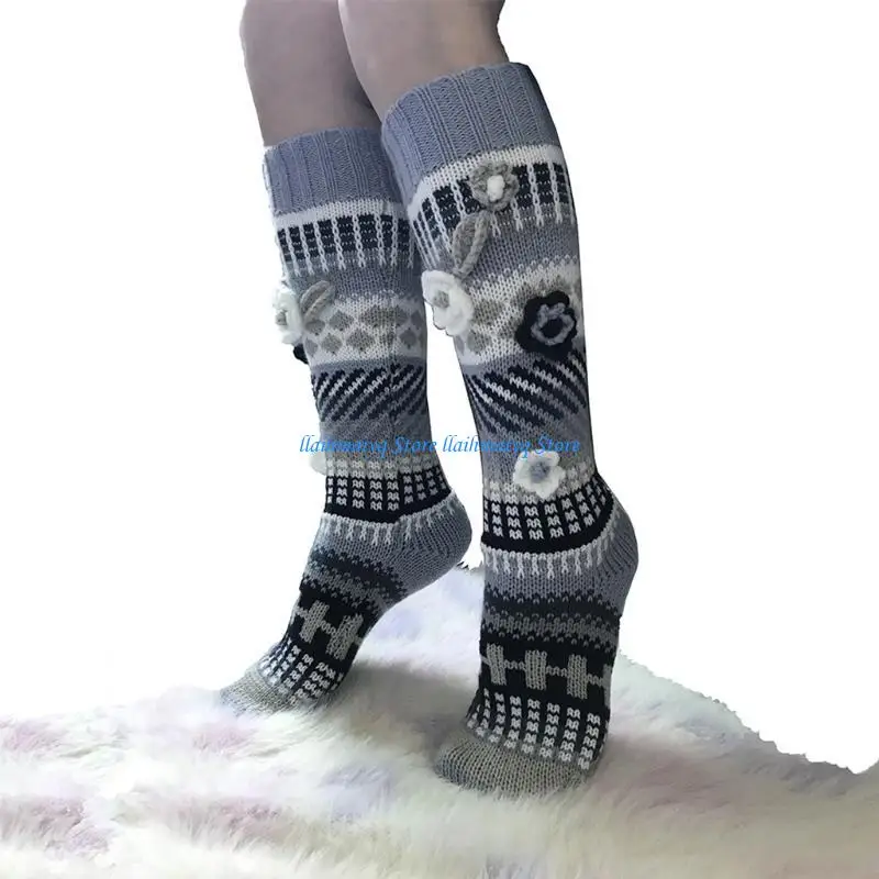 573B Women Multicolor Crochet Knee High Socks Knit Flower Warm Geometry Stockings