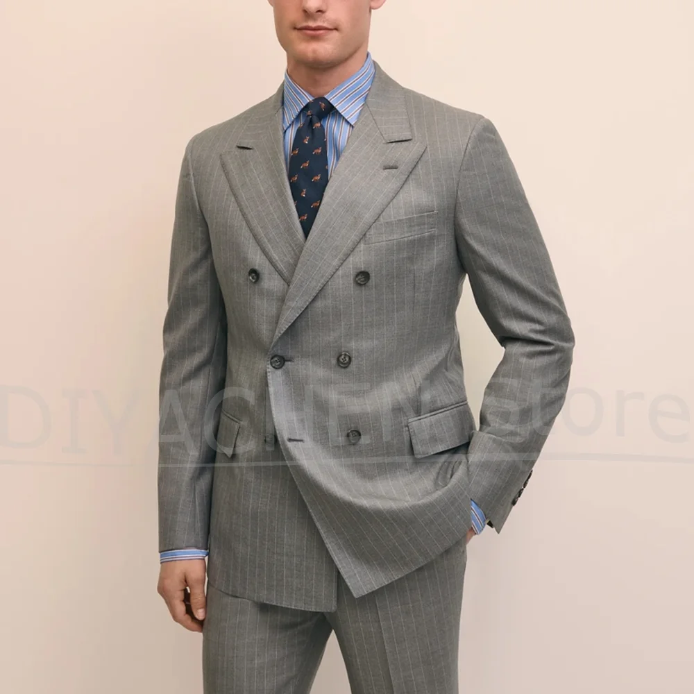 

Men's Gray Pinstripe Suit Set Two Piece Chic Peak Lapel Outfits Stylish Business Casual Wedding Party Tailored Male Suit