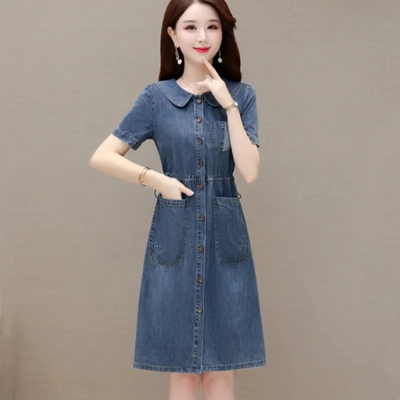 Women Denim Dress Summer Korean New 2024 Cowboy Dress Female Casual Mid-length Fashion Loose Dresses Female  Dress Vestidos