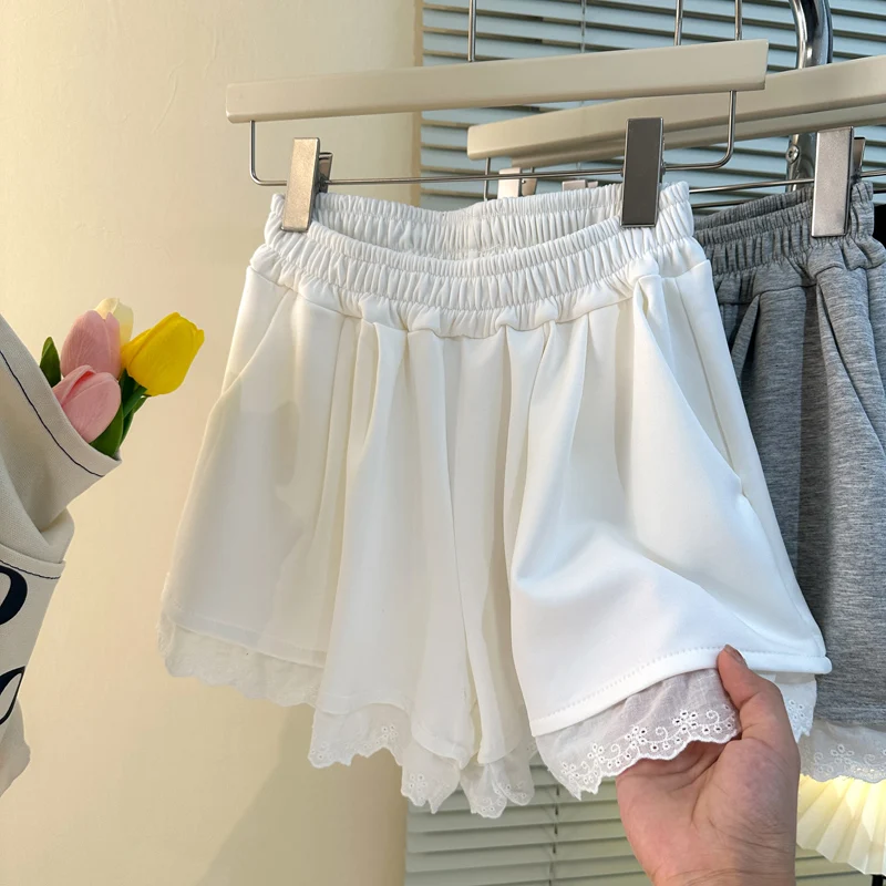 

Новые женские летние повседневные брюки с высокой талией, широкими штанинами и кружевной отделкой, в корейском стиле, свободные, универсальные, эластичные, спортивные, для города