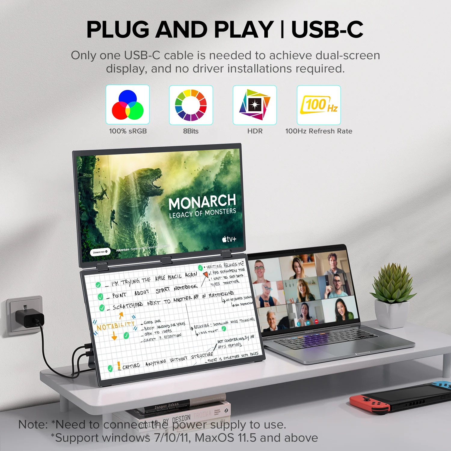 Imagem -02 - Extensor de Tela Tripla Eviciv Monitor Portátil de 100 hz e 185 Polegadas Fhd 1080p Monitor de Viagem Empilhado Dobrável Rotação Automática para Windows Mac os Kickstand Vesa Montável