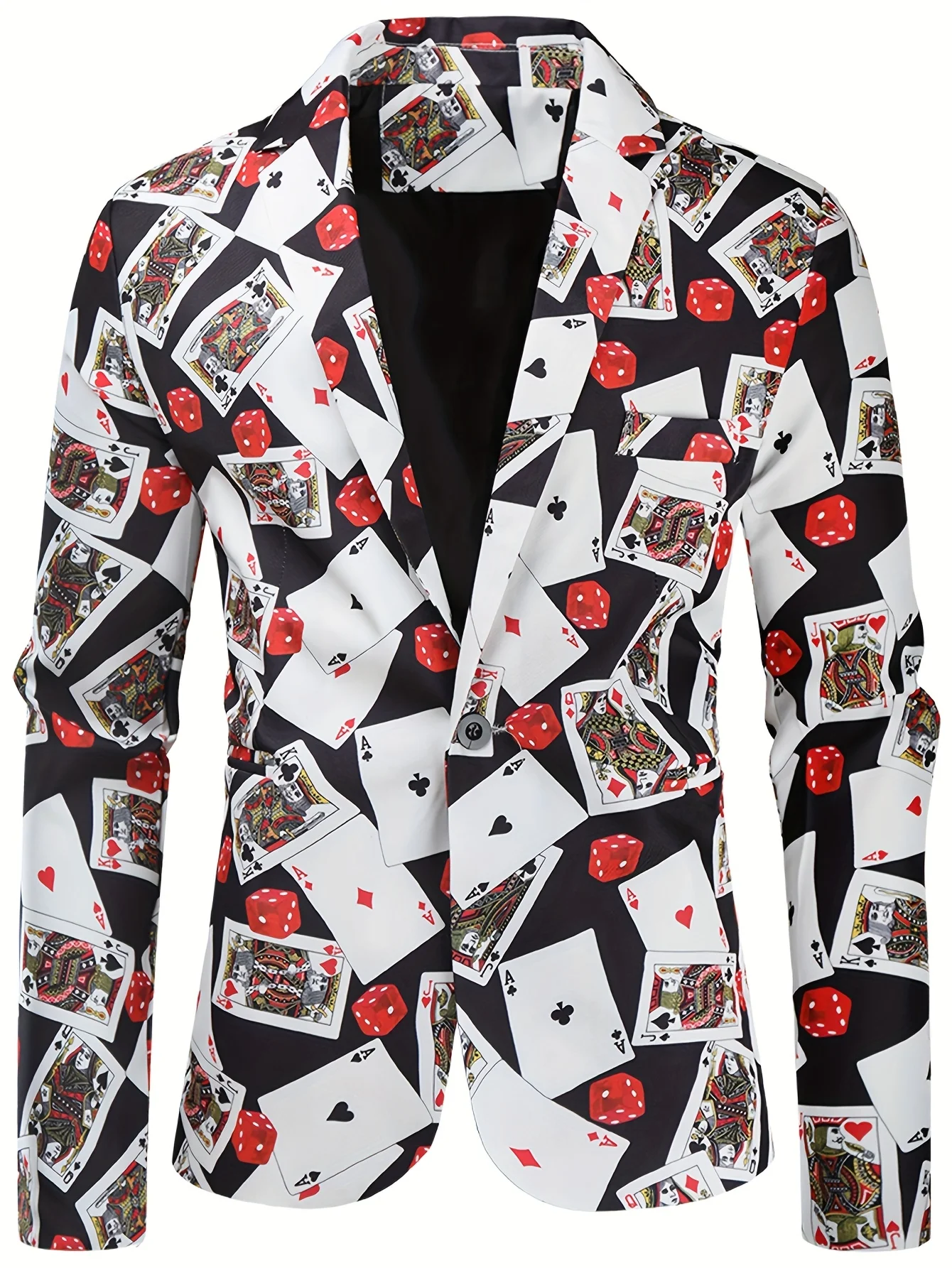 Men Notched Lapel Blazer Casino Poker Card Dice Graphic Polyester Single‑Button Outerwear Top