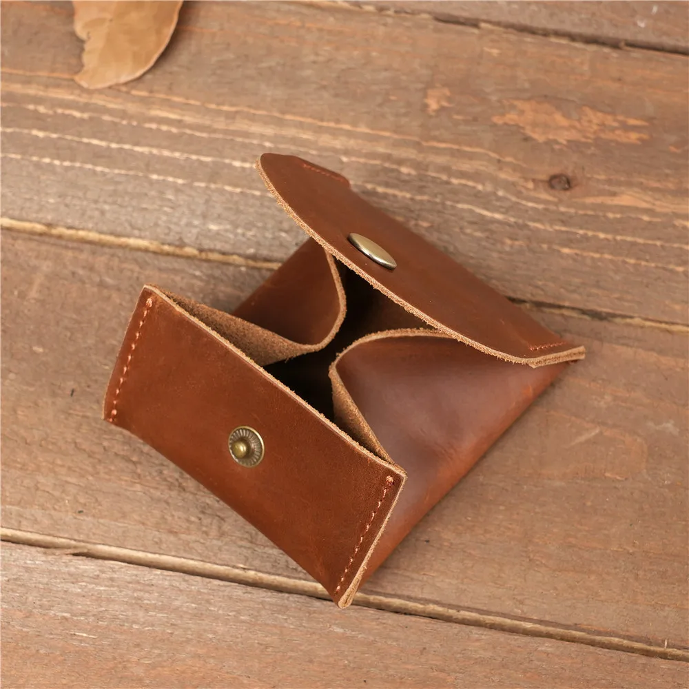 1149 Unisex Casual Leather Coin Purse, Cowhide Crazy Horse Change Bag, Brown Retro Snap Button Coin Bag
