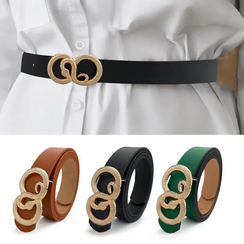 

Women Belts Double Ring Buckle 2022 Fashion New Personality Vintage Snake Buckle Leather Waistband Dress Jeans Coat Belts