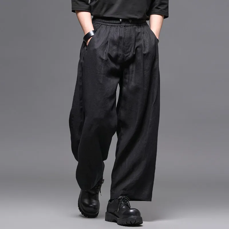 High Quality Linen Japanese-Style Retro Old Money Style Wide Leg Straight Loose Casual Men's Ninth Pants