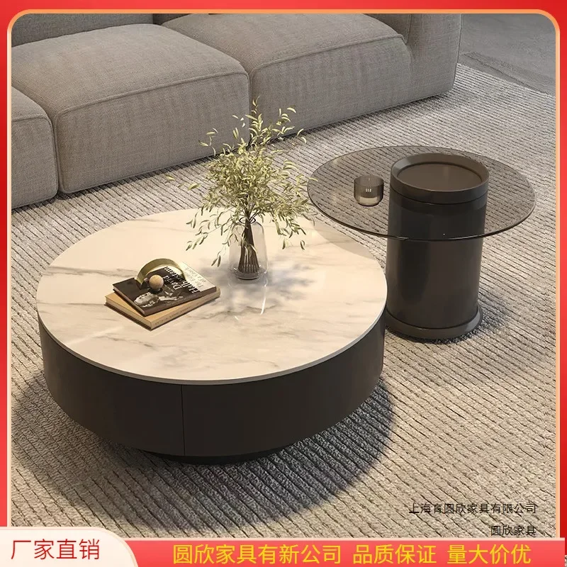 Modern Minimalist Round Rock Slab Coffee Table Small Apartment Living Room Household Tea Table Combination Set Light Luxury