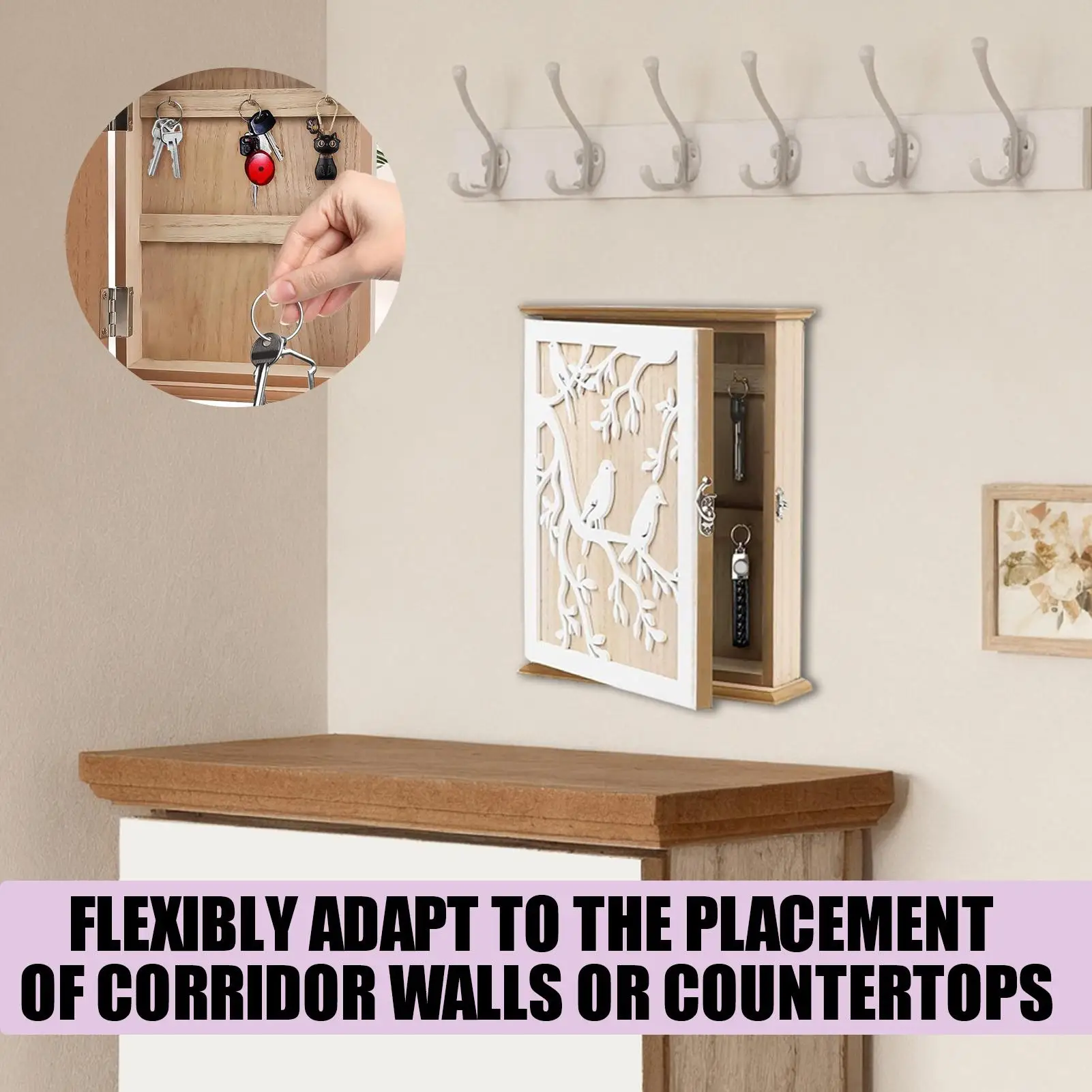 

Key Holder Box Vintage Carving With 6 Hooks Wooden Key Ring Holder Lock Box Wall Mount For Home Office Hallway Living Room
