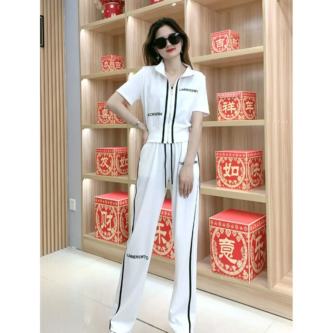 Casual Sports Set Spring/Summer Letter Short Sleeve Zipper Top+Fashion Wide Leg Pants Two Piece Set