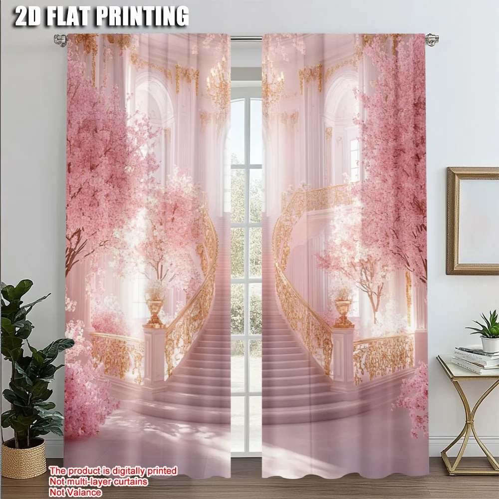 

2pcs, Popular Curtains 2D print White Princess Castle Entrance Stone Path Pink Floral Polyester (without rod) Decorations